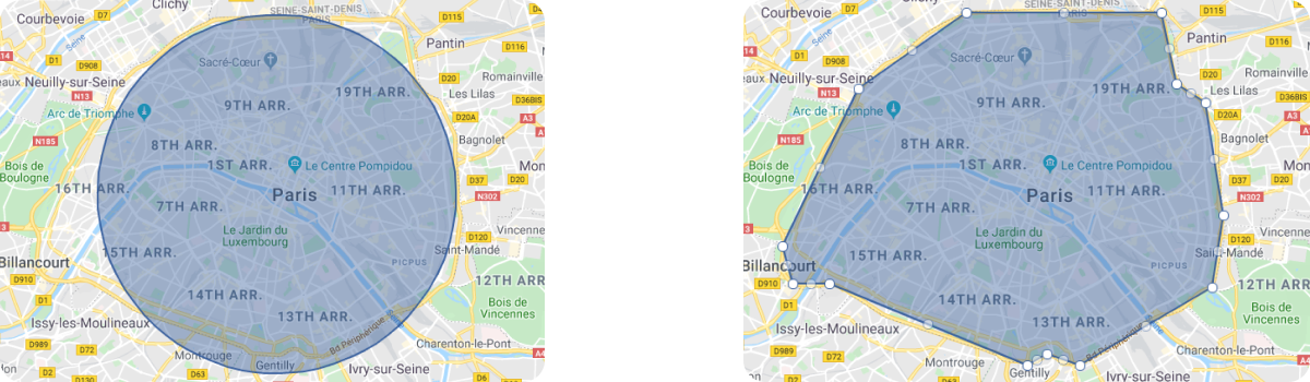 Comparison showing geofencing zones on a map of Paris with Ruptela GPS trackers: circular and multi-point polygonal zones.